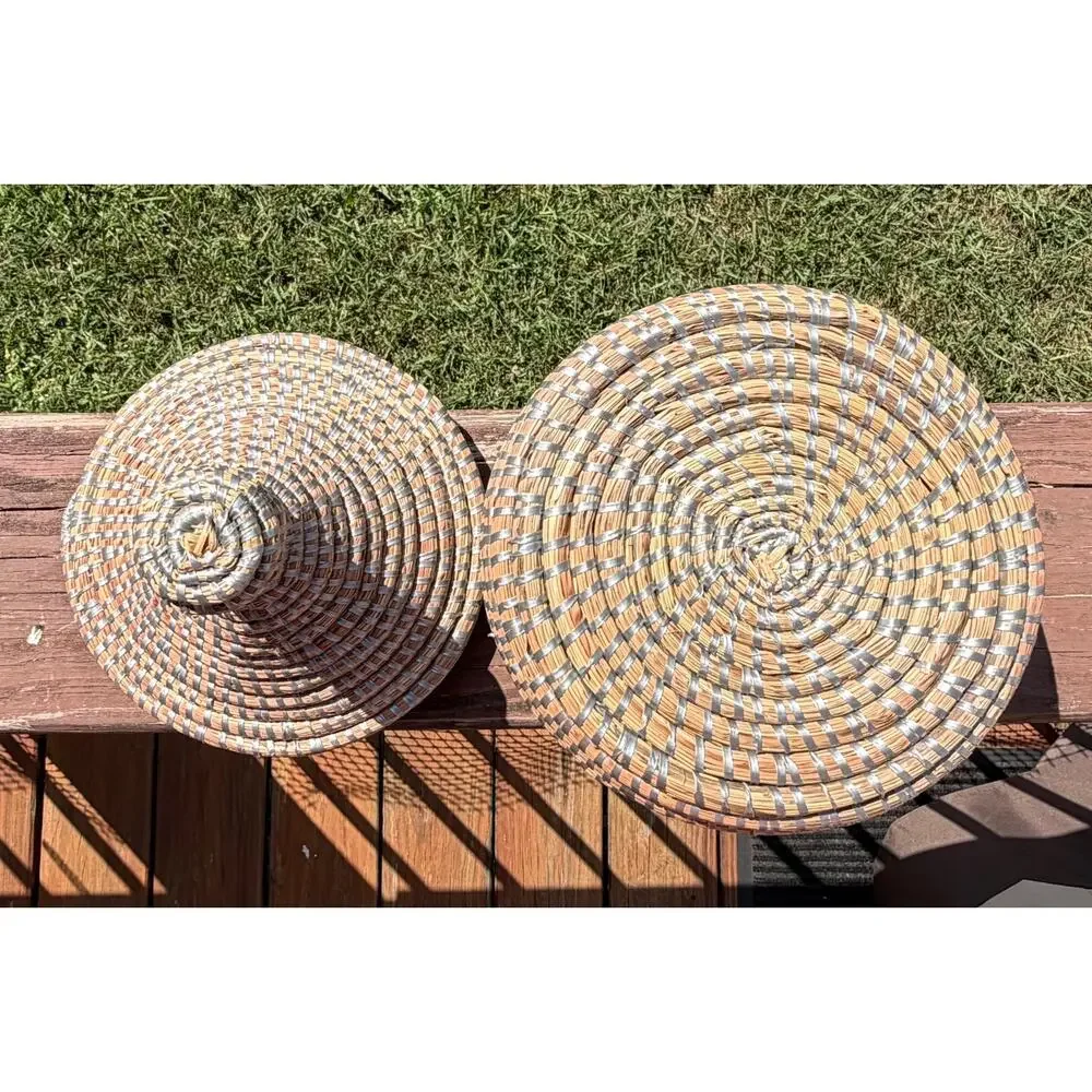 Vintage Style African Style Coiled Woven Basket w/ Lid Boho Decor Storage 10.5